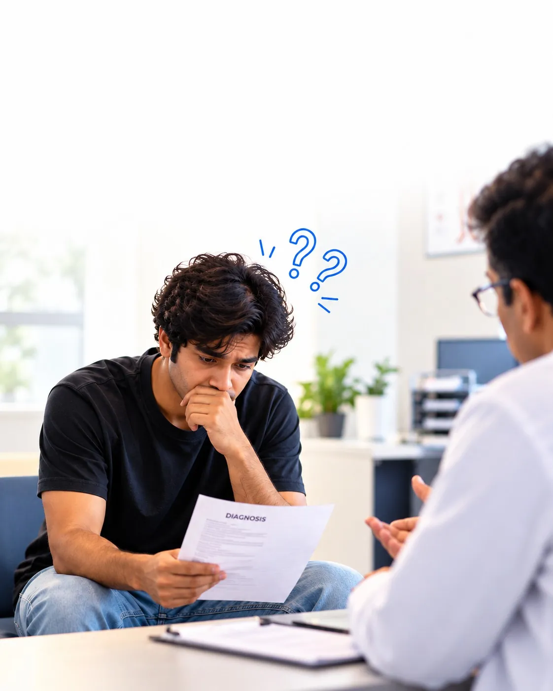 A young man reading his diagnosis across the desk from his doctor, unsure what comes next