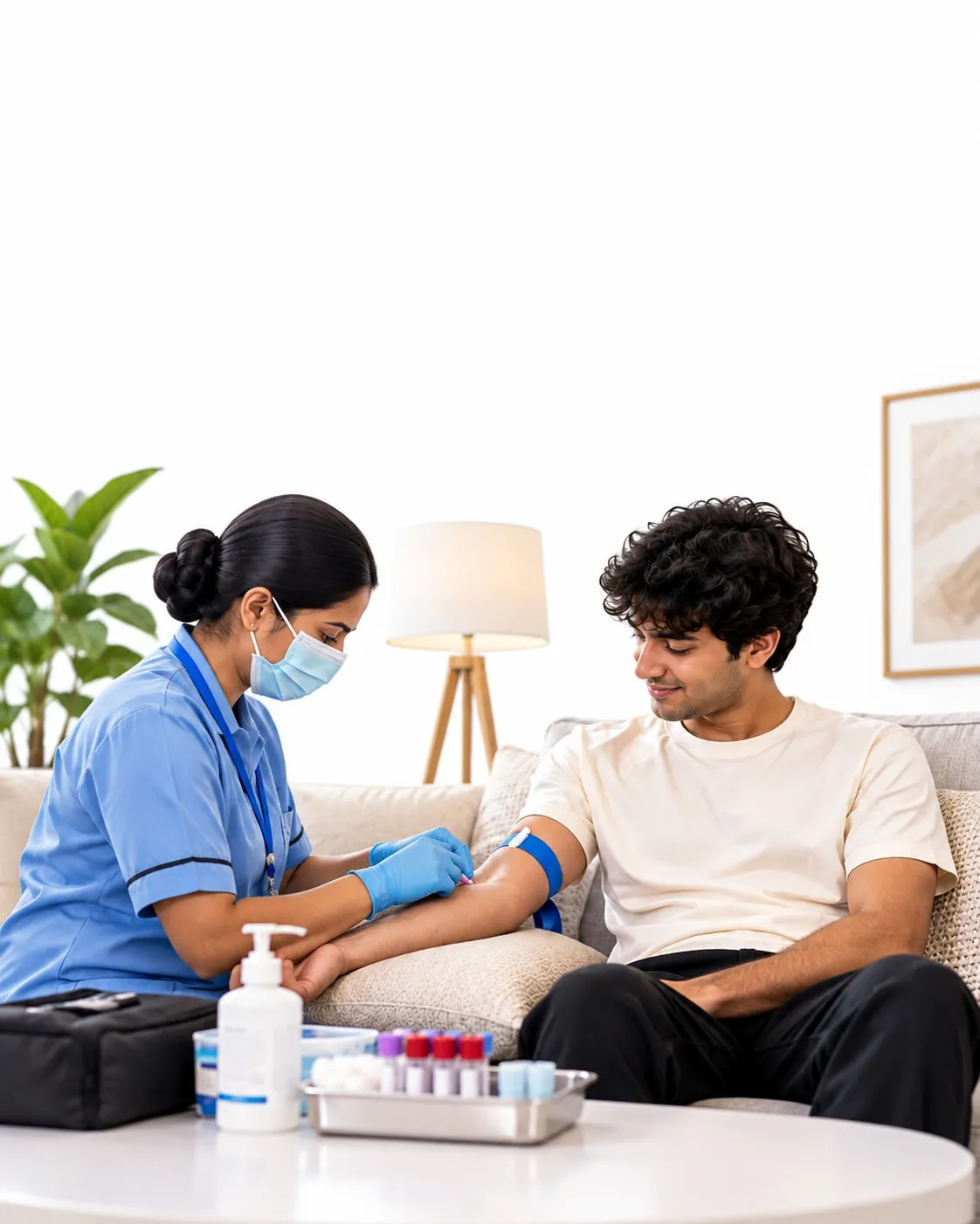 A phlebotomist collecting a blood sample from a young man at home