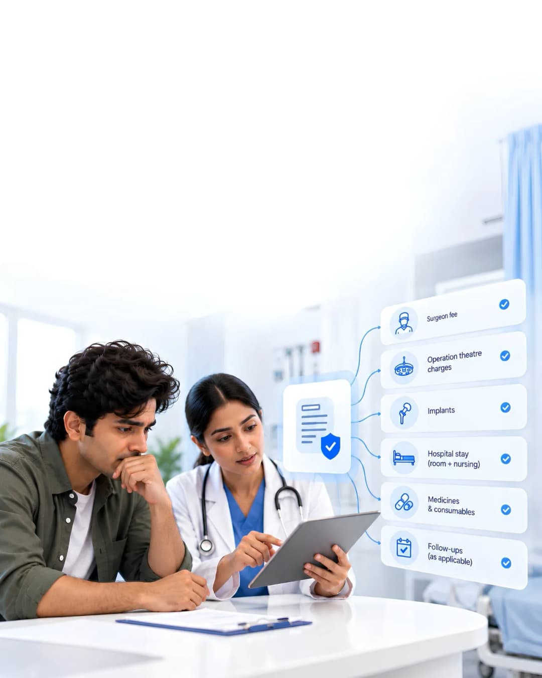 A doctor going through what a treatment estimate covers with a patient, item by item